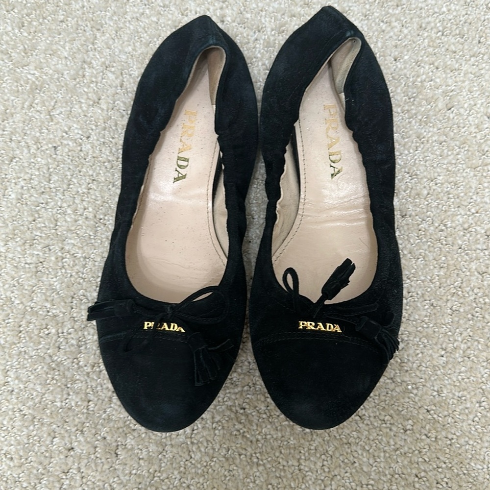 Prada black suede bow accent ballet flats 36.5